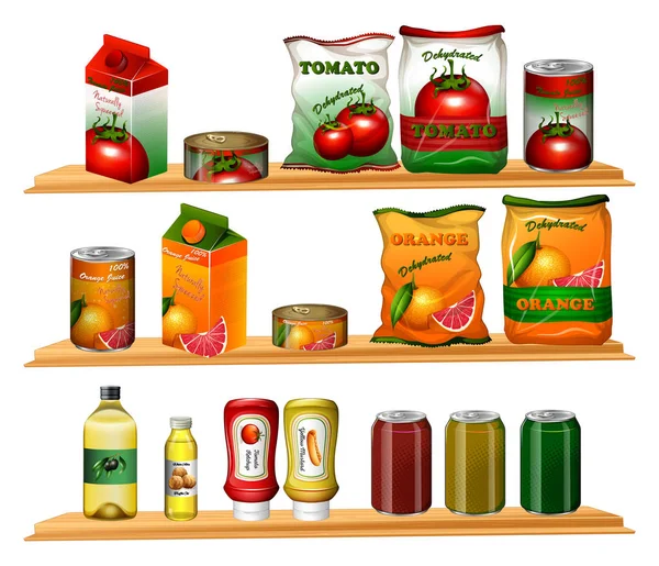 Potraviny v různých balíčků na policích — Stockový vektor