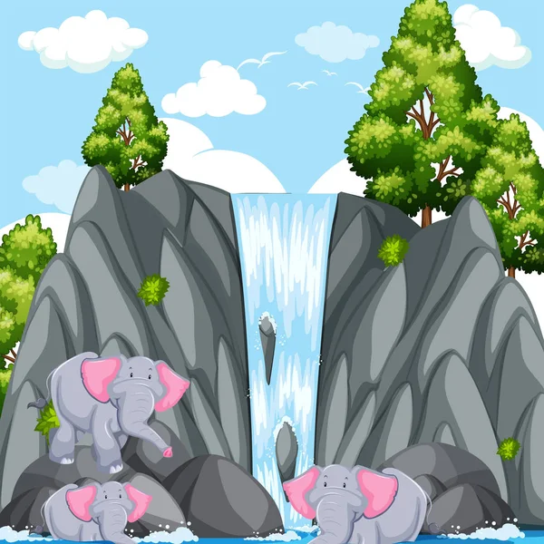 Scene with elephants at the waterfall — Stock Vector