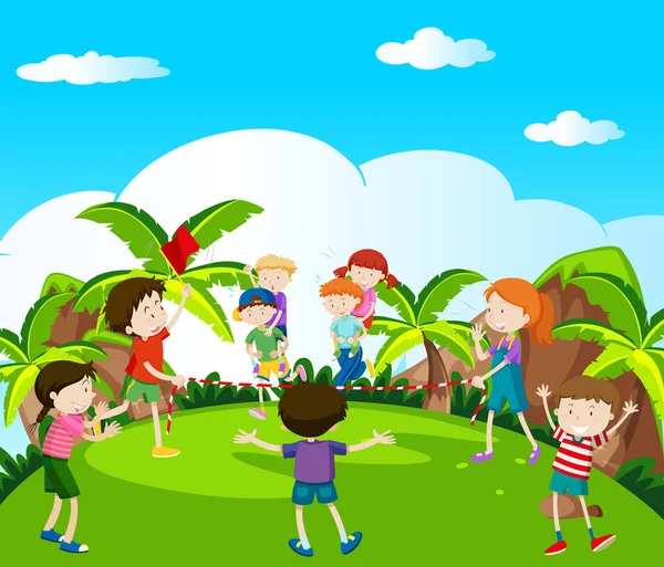 Veel kinderen spelen en rennen in het park — Stockvector