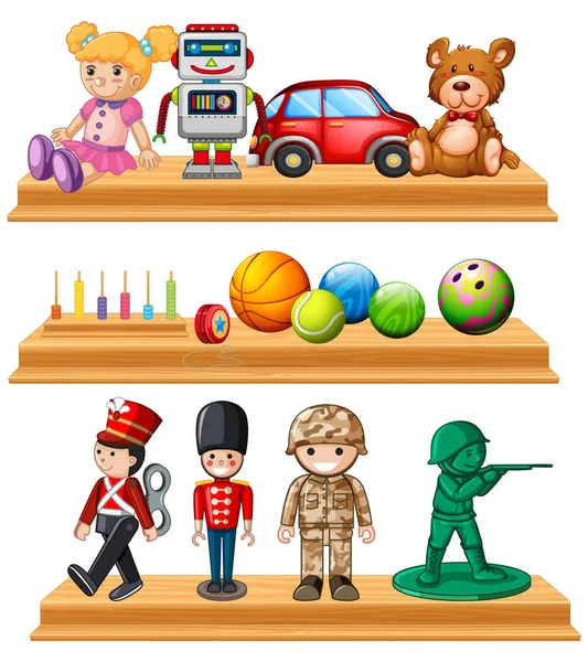 Different dolls and balls on shelves — Stock Vector