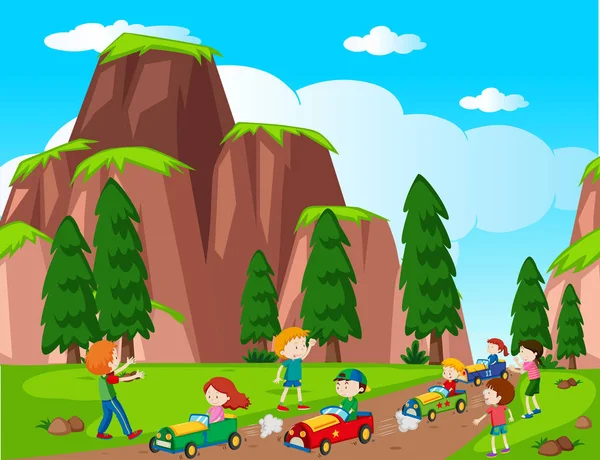 Scène de parc avec voiture de course enfants — Image vectorielle