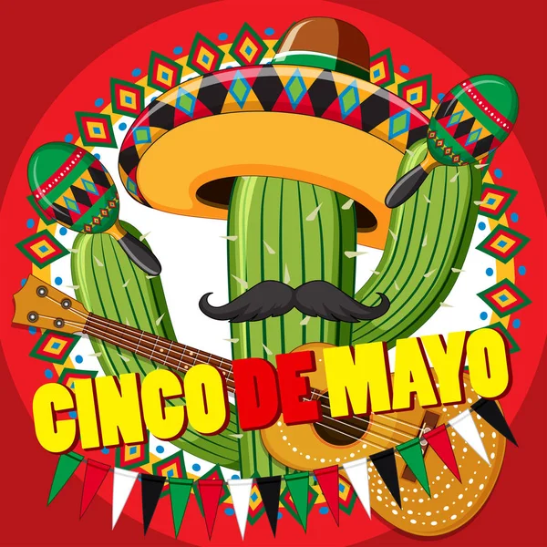 Plantilla tarjeta Cinco de Mayo con cactus y guitarra — Vector de stock