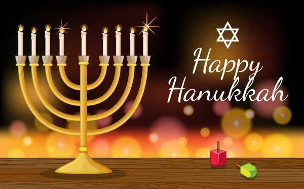 Happy Hanukkah πρότυπο κάρτας με σύμβολα και τα φώτα — Διανυσματικό Αρχείο