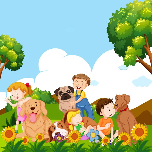 Children and pet dogs in garden — Stock Vector