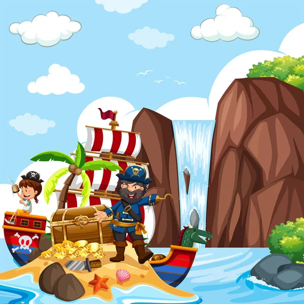 Escena con pirata y cofre del tesoro junto a la cascada — Archivo Imágenes Vectoriales