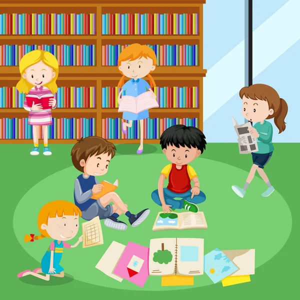 Students reading books in library — Stock Vector