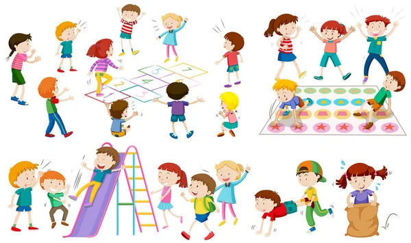 Beaucoup d'enfants jouent à des jeux différents — Image vectorielle