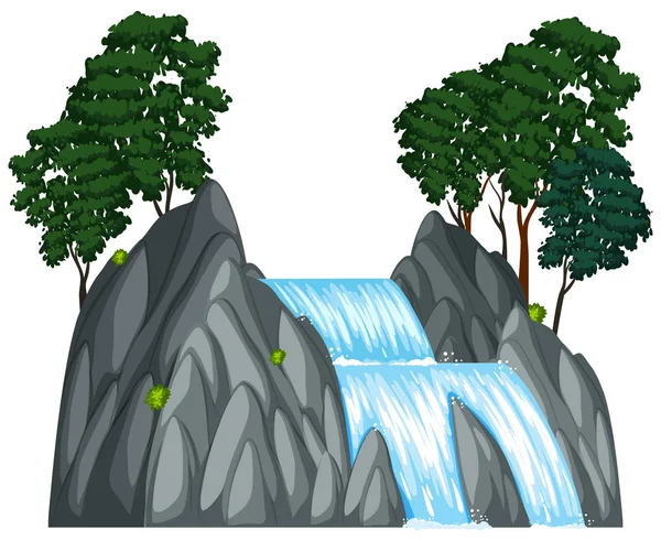 Cascada con dos árboles en la roca — Vector de stock