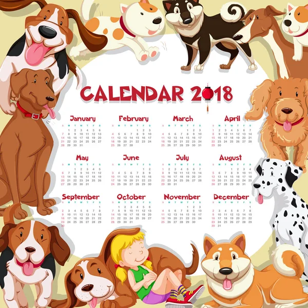 Calendar template for 2018 with many cute dogs — Stock Vector