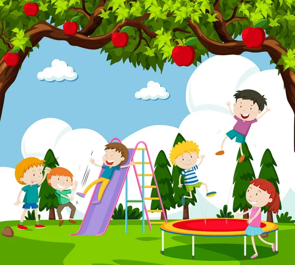 Děti hrají snímku a skákání na trampolíně — Stockový vektor