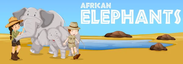Słonie afrykańskie i osoby w polu — Wektor stockowy