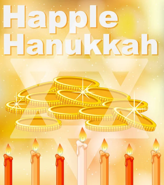 Joyeux modèle de carte Hanoukka avec une lumière vive et des pièces d'or — Image vectorielle