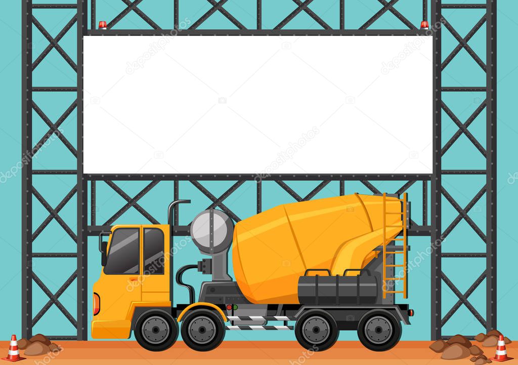 Construction site with blank board and cement truck