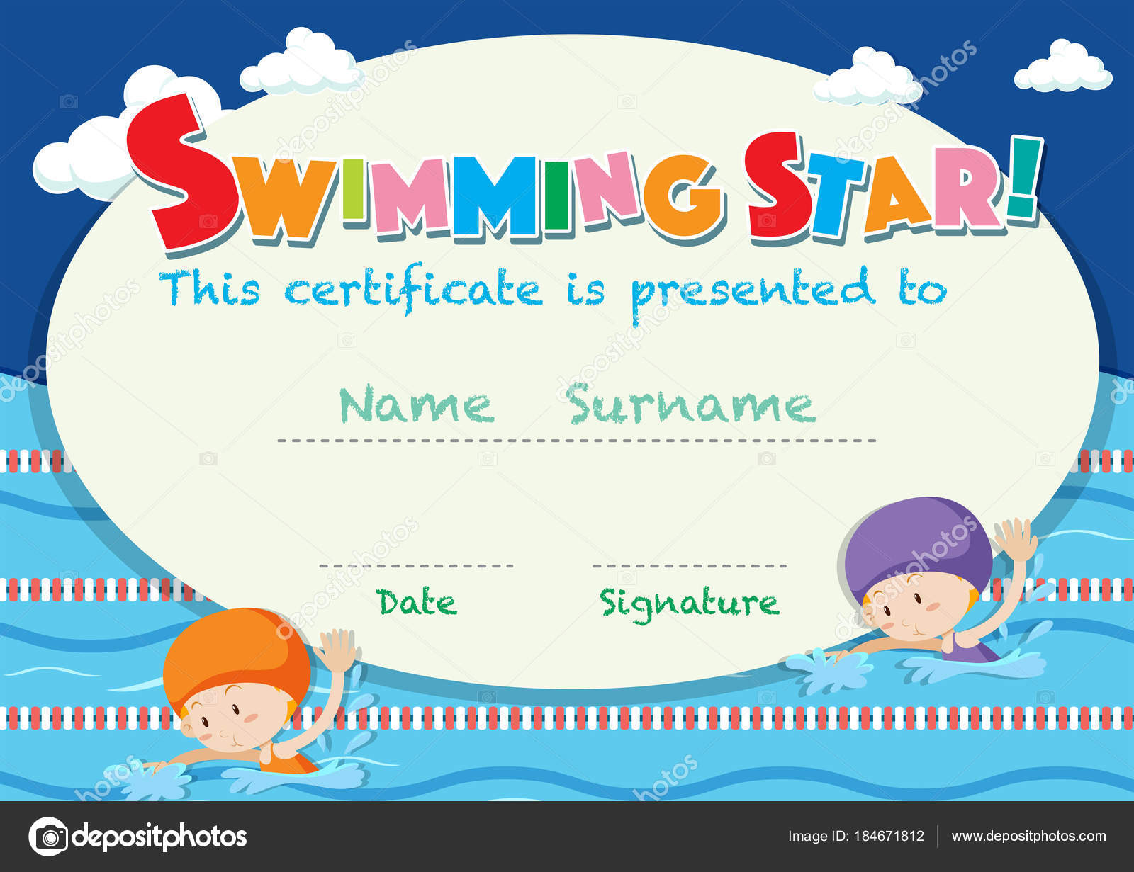 Шаблон сертификата с детским плаванием векторное изображение