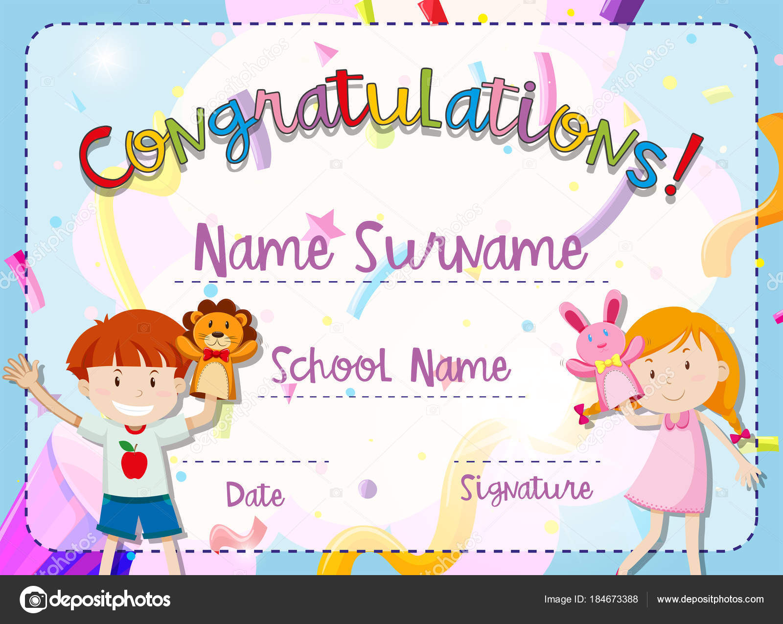 Certificate template with boy and girl Stock Vector Image by With Regard To Children