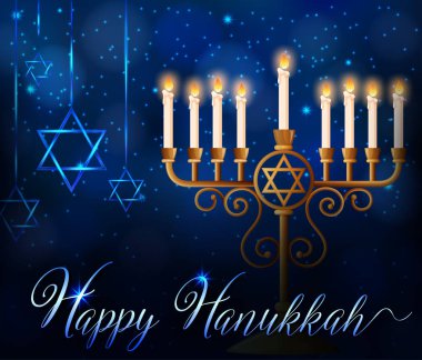 Happy Hanukkah card template with lights on sticks and star symb clipart