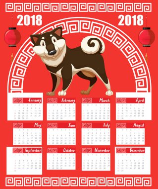 Takvim şablonu ile köpek yıl için 2018