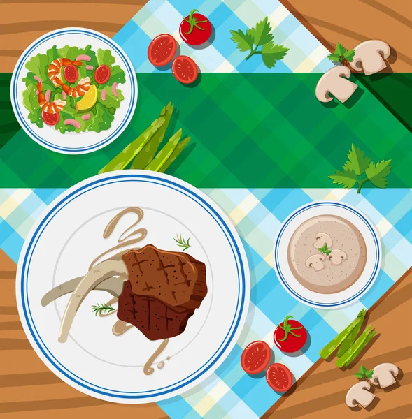 Cena de mesa com bifes e salada —  Vetores de Stock