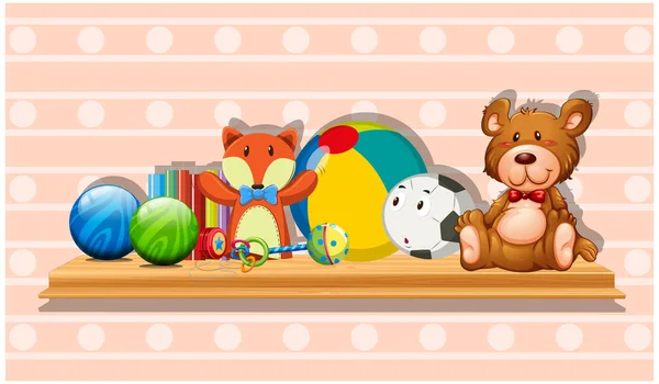 Viele süße Spielzeuge auf Holzbrett — Stockvektor