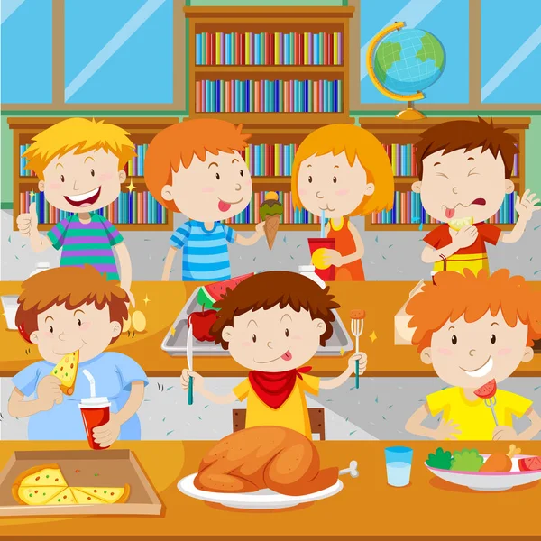 Шкільні діти обідали в їдальні — стоковий вектор