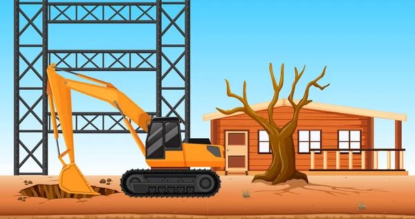 Buraco de escavação Bulldozer no local de construção — Vetor de Stock
