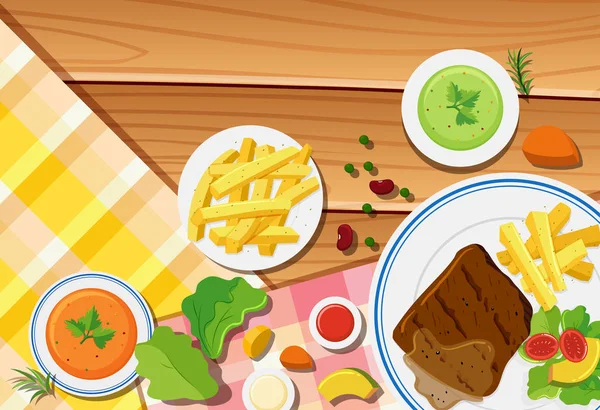 Tischszene mit Pommes und Steak auf dem Teller — Stockvektor