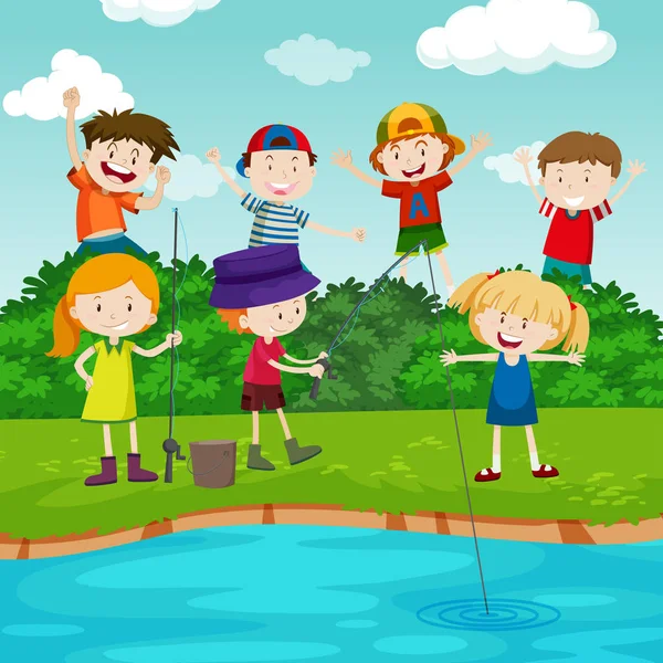 Niños felices pescando en el parque — Archivo Imágenes Vectoriales