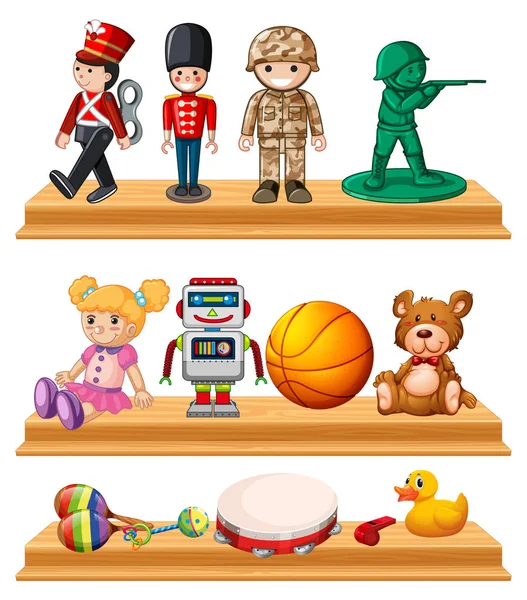Molti giocattoli su scaffali di legno — Vettoriale Stock
