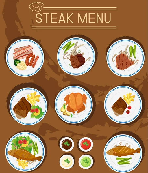 牛排菜单与不同类型的肉类 — 图库矢量图片