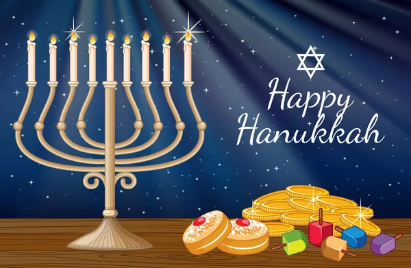 Happy Hanukkah πρότυπο κάρτας με candlelights και διακοσμήσεις — Διανυσματικό Αρχείο