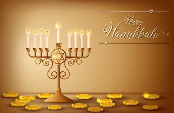 Happy Hanukkah card template with coins and lights