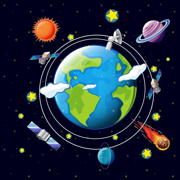 空间主题与卫星和行星在地球附近 — 图库矢量图片