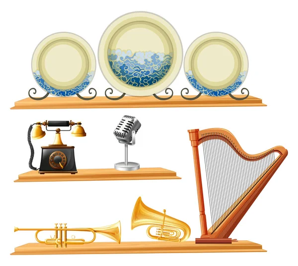 Artículos vintage e instrumentos musicales en estantes de madera — Vector de stock