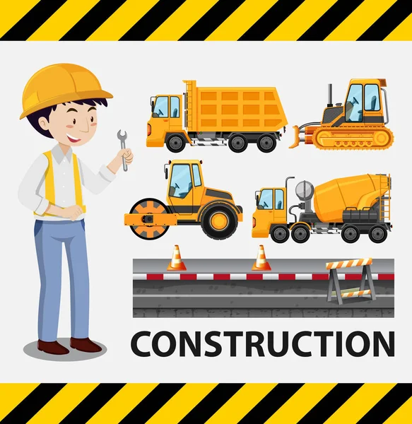 Trabajadores de la construcción y camiones de construcción — Vector de stock