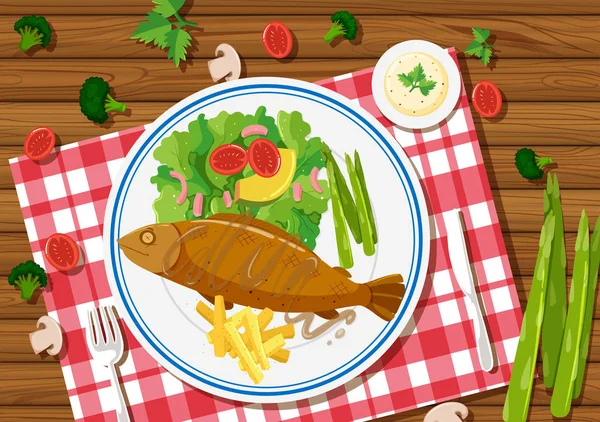 Gegrillter Fisch und Salat auf dem Teller — Stockvektor