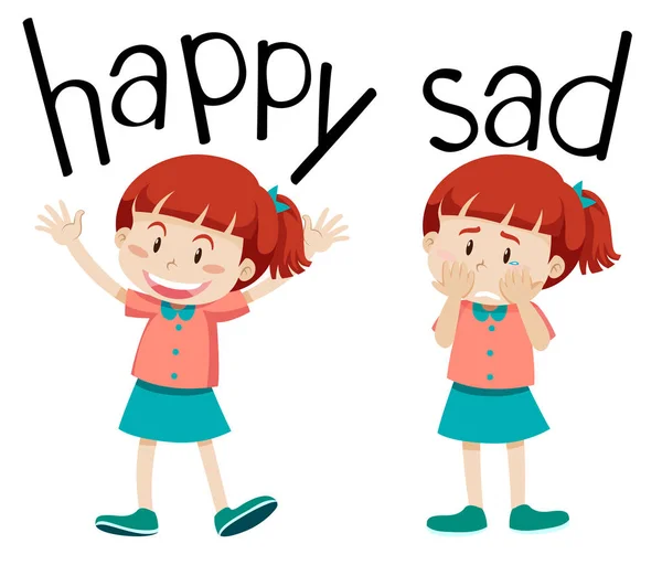 Palabras opuestas para feliz y triste — Vector de stock