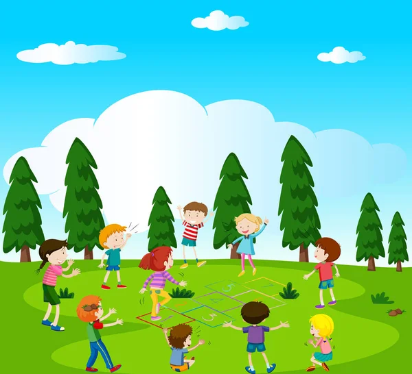 Happy kids playing hopscotch in the park — Stock Vector