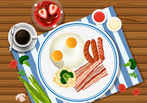 Eggs and bacon on the plate with drinks on the side — Stock Vector