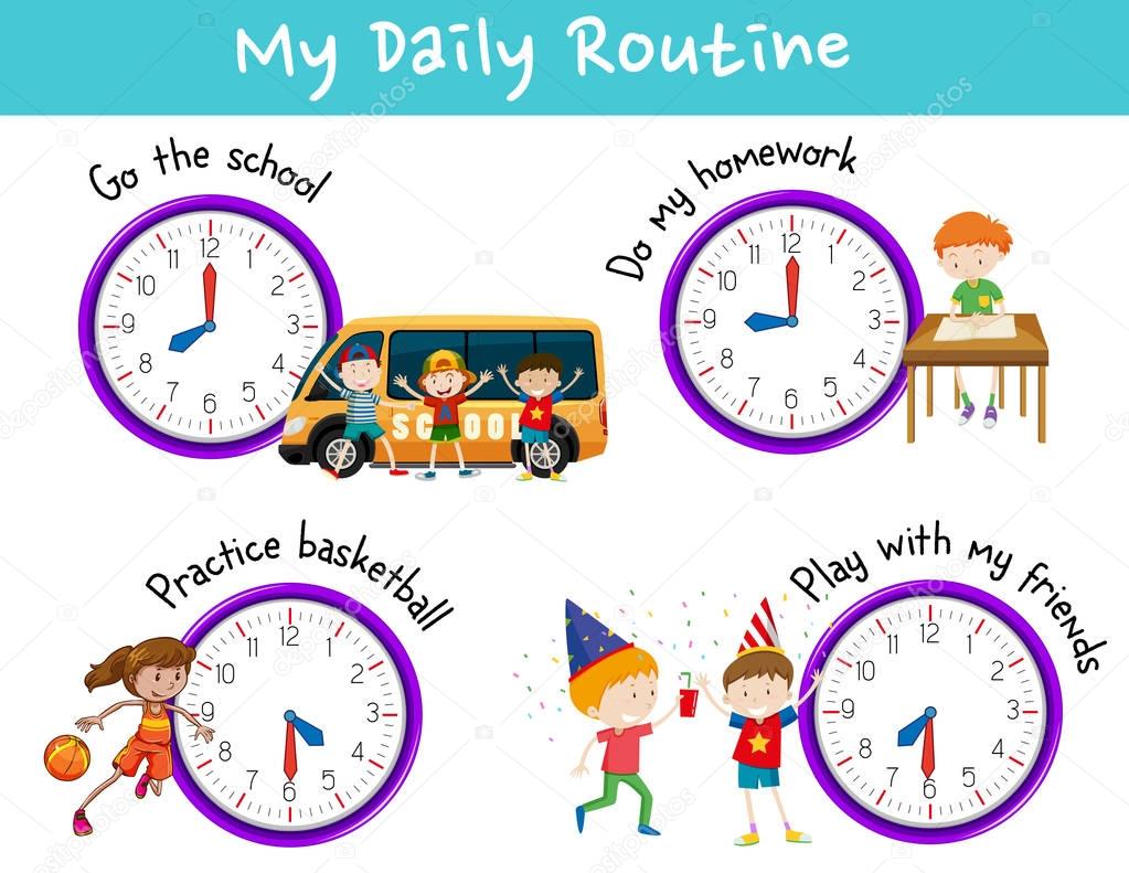 Daily routine for kids with clock and activities