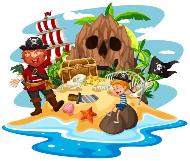 Korsan ve küçük çocuk treasure Island üzerinde
