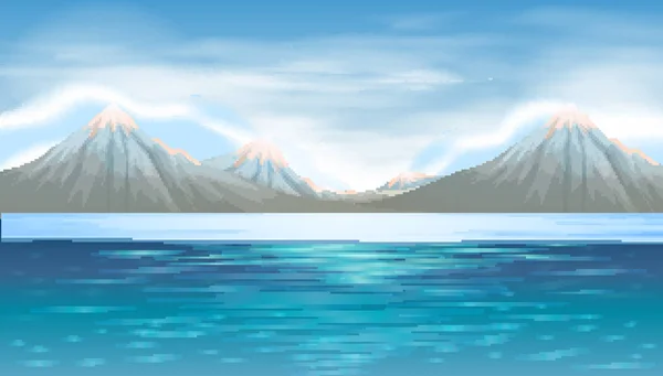Escena de fondo con lago azul y montañas — Vector de stock
