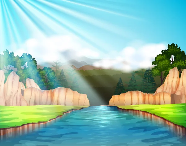 Scène de fond avec rivière et forêt — Image vectorielle