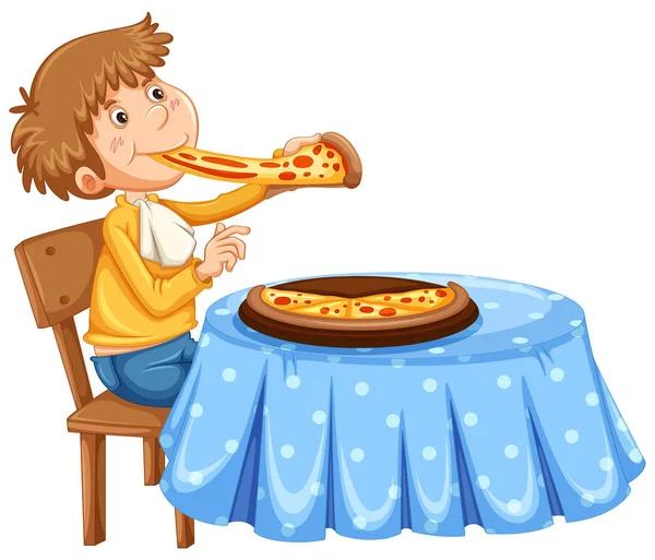 Mannen äter pizza på bordet — Stock vektor