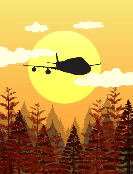 Çam ormanı üzerinde uçan uçak ile sahne siluet — Stok Vektör