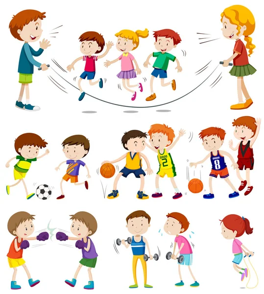 Niños jugando diferentes deportes — Vector de stock