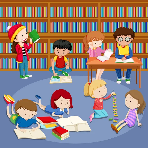Många barn läsa böcker i biblioteket — Stock vektor