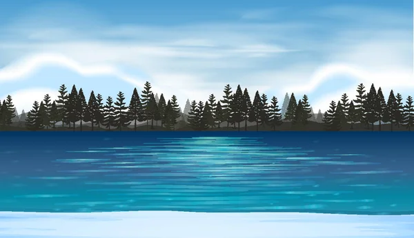 Scène de lac avec forêt de pins en arrière-plan — Image vectorielle