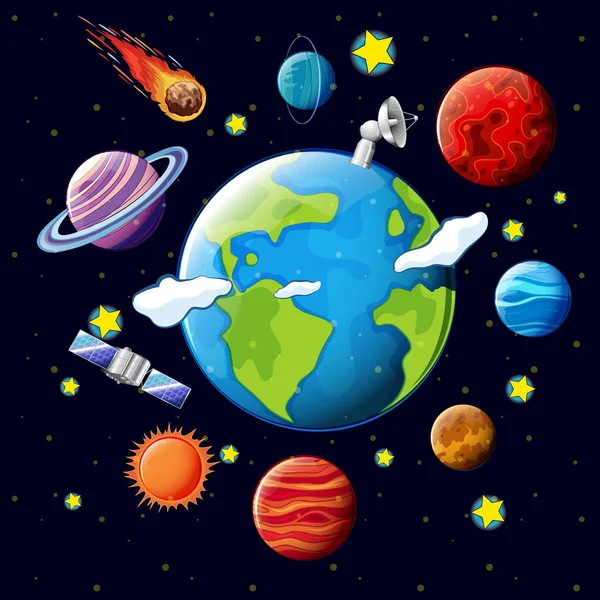 Planets and satellites around the earth — Stock Vector