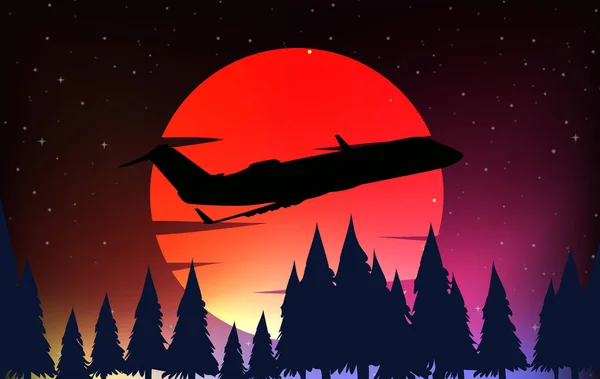Silhouette scene with airplane and red moon