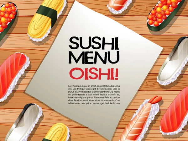 Menu Sushi na tábua de madeira — Vetor de Stock
